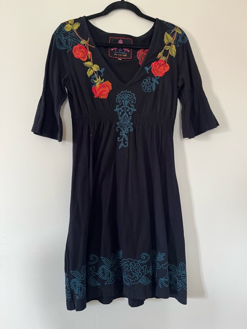 Johnny Was Embroidered Mini Tunic Dress Womens Medium Black Red Floral Boho